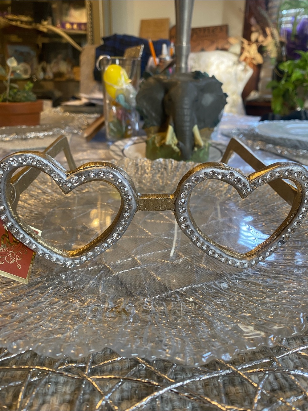 GLASSES Heart-Shaped Rhinestone Accent HOME Decor - Silver